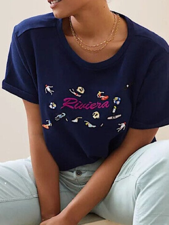 Maeve Tops - Anthropologie Maeve Riviera Top Sz L Embroidered Crop Boxy Novelty Print Coastal